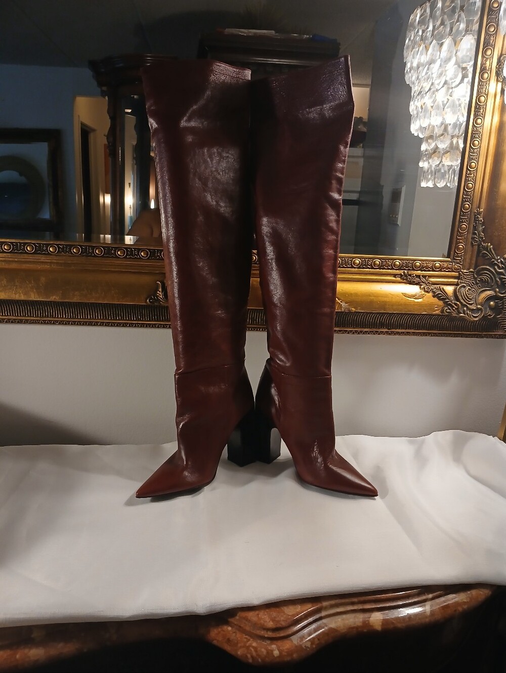 Zara Burgundy Knee-High Pointed Toe Block Heel Boots